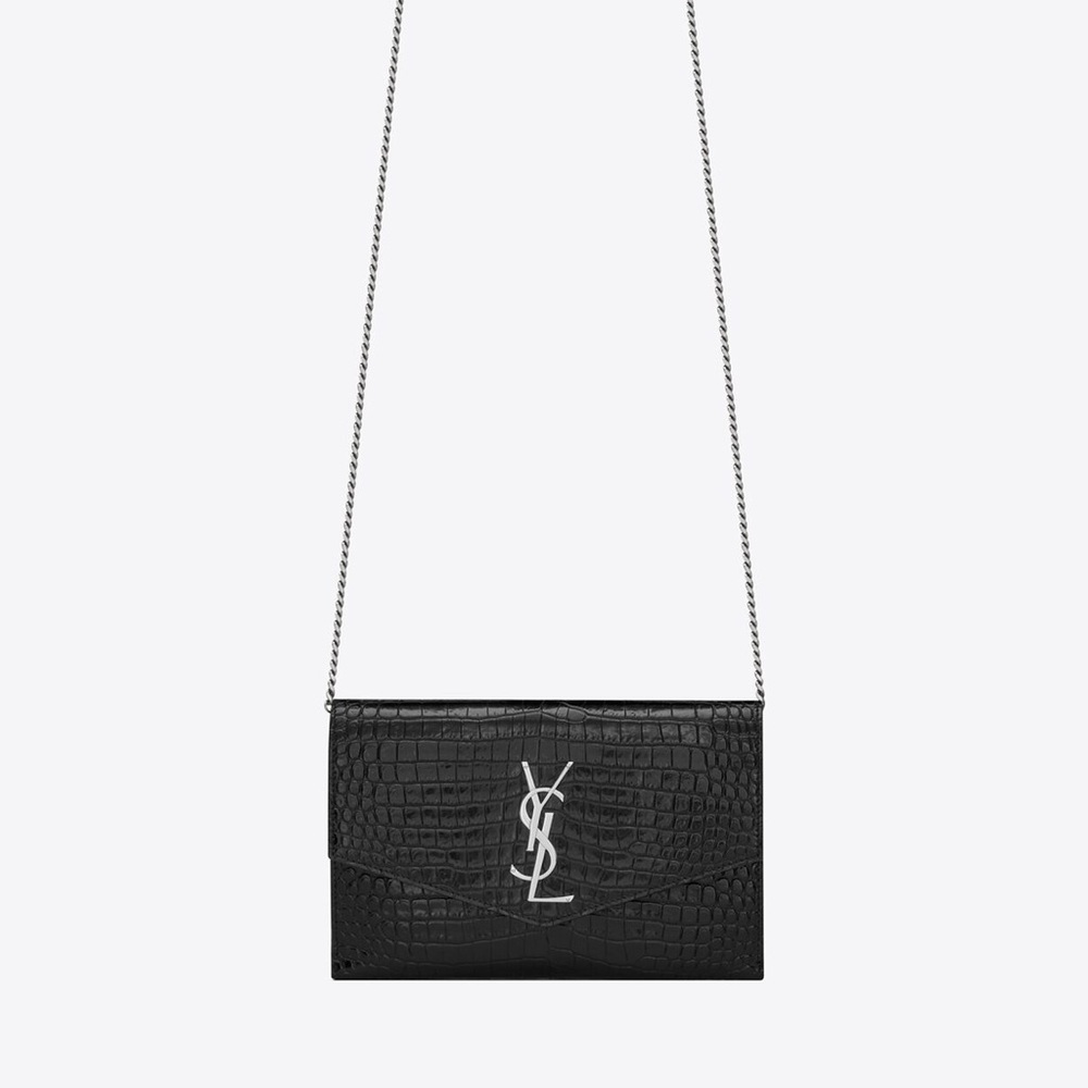YSL MONOGRAM CHAIN WALLET IN CROCODILE EMBOSSED SHINY LEATHER